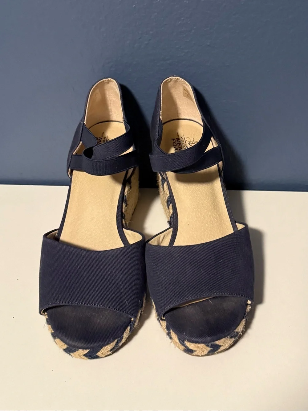 LifeStride Navy Blue Canvas Espadrille Wedge Sandals Cross Strap Size 8.5
